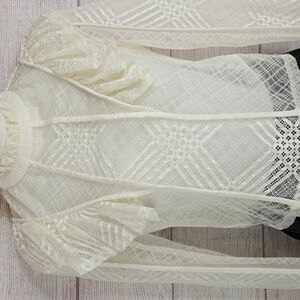 H&M Cream Lace Long High Neck Ruffle Sleeve Top Blouse Sz 2